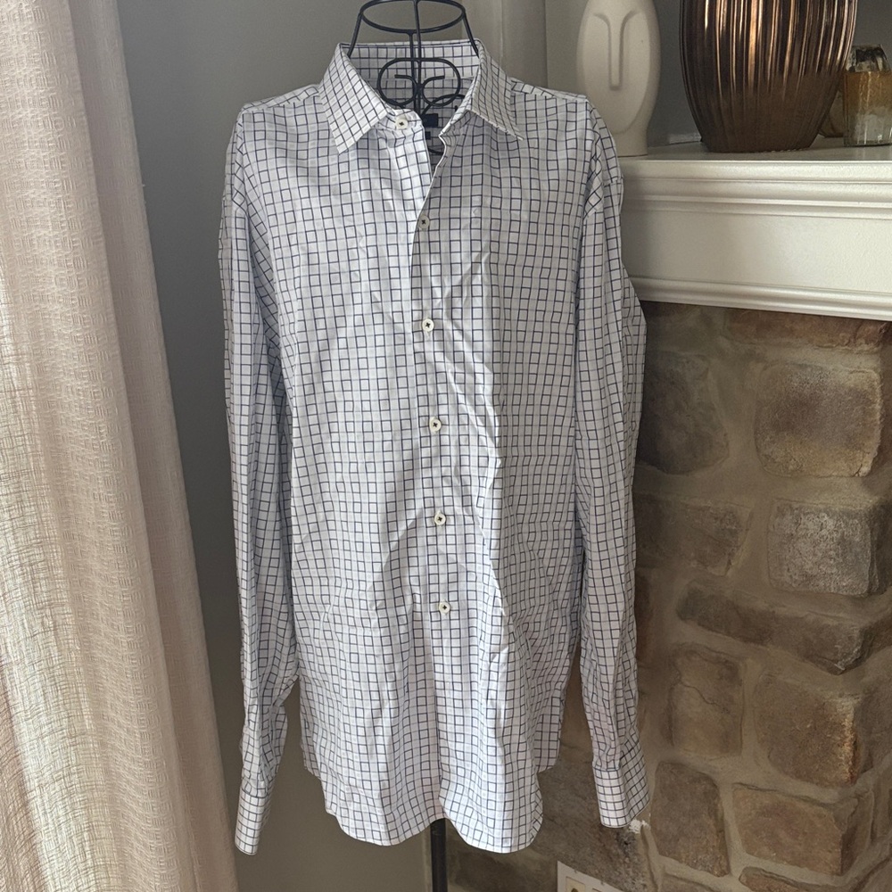Bugatchi White and Blue Grid Pattern Shirt